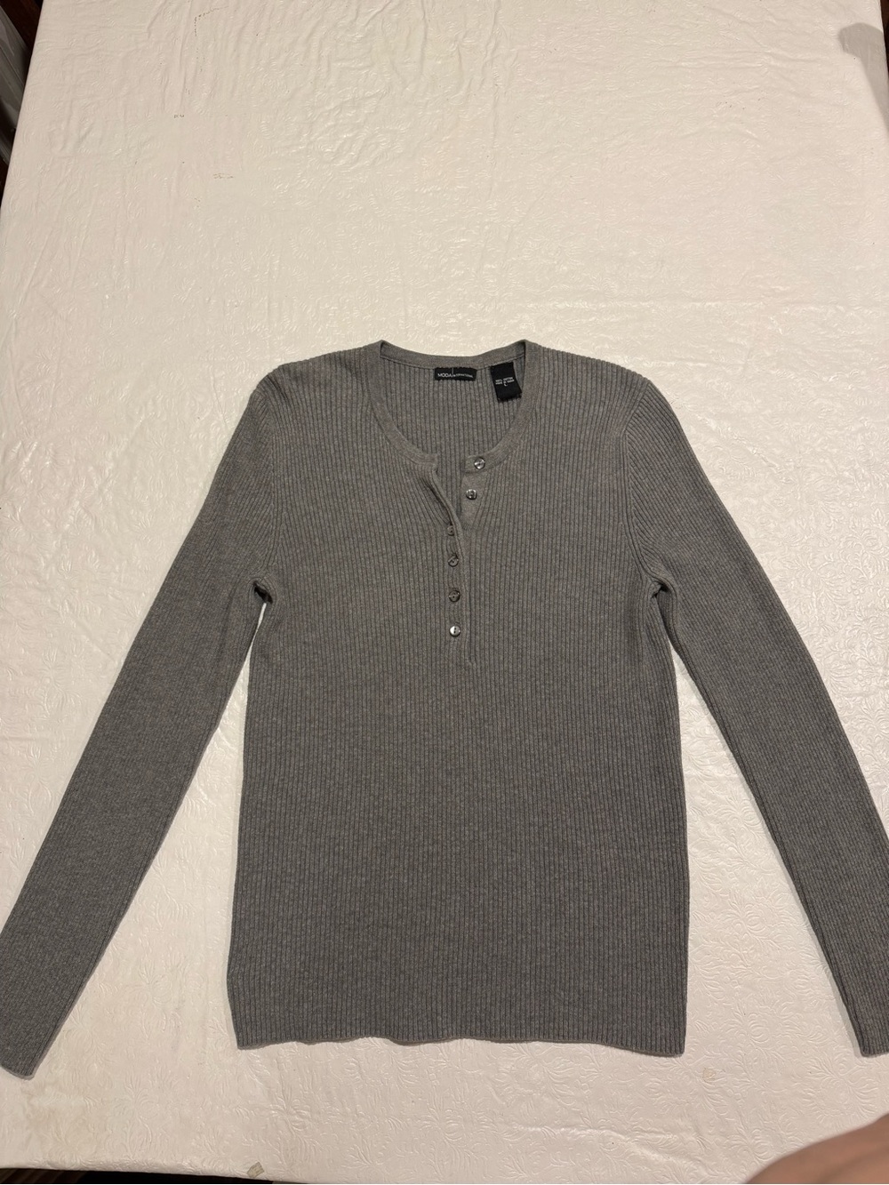 Moda International Grey Ribbed Henley Crewneck Sweater
